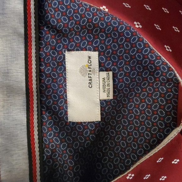 Craft +Flow Mens Button Down Collar Shirt Burgundy/White Geo Print, Design Cuff - Picture 5 of 12